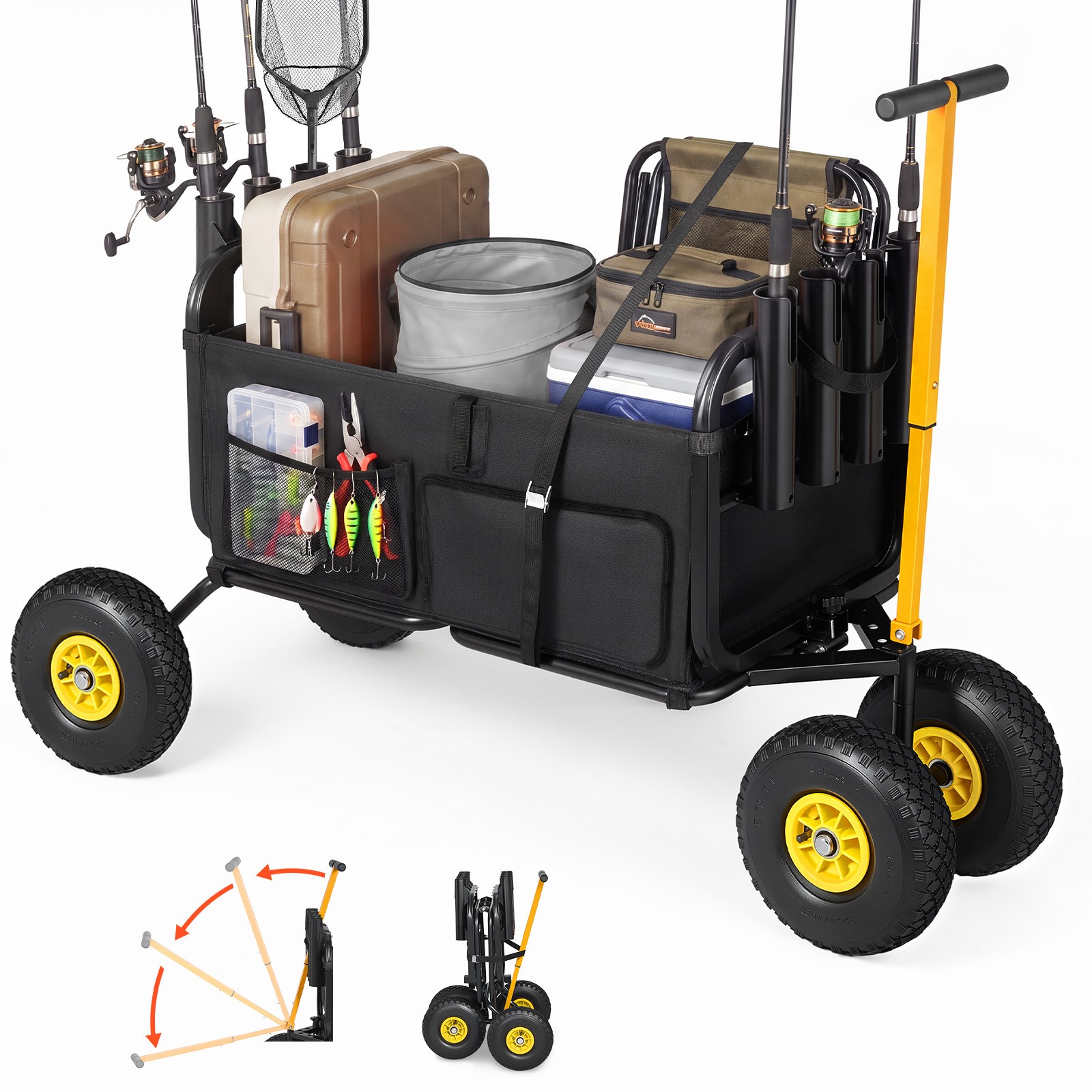 Fishing Rod Holder - รถเข็นตกปลาแบบพับได้ยูโมโซ, รับน้ำหนักได้ 300 ปอนด์, เหล็กกล้าคาร์บอน, ล้อขนาด
