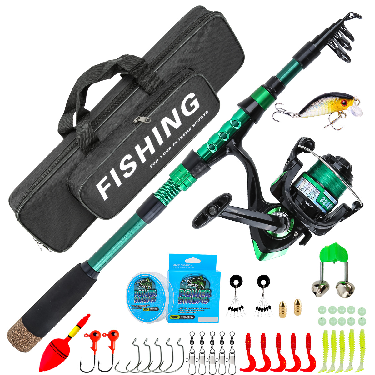 Fishing Rod Building Kit - ชุดคันเบ็ดตกปลาทะเลแบบยืดหดได้ คาร์บอนไฟเบอร์สีเขียว 1.8 เมตร พร้อมอุปกรณ์ตกปลาครบชุดในกล่องเก็บของ